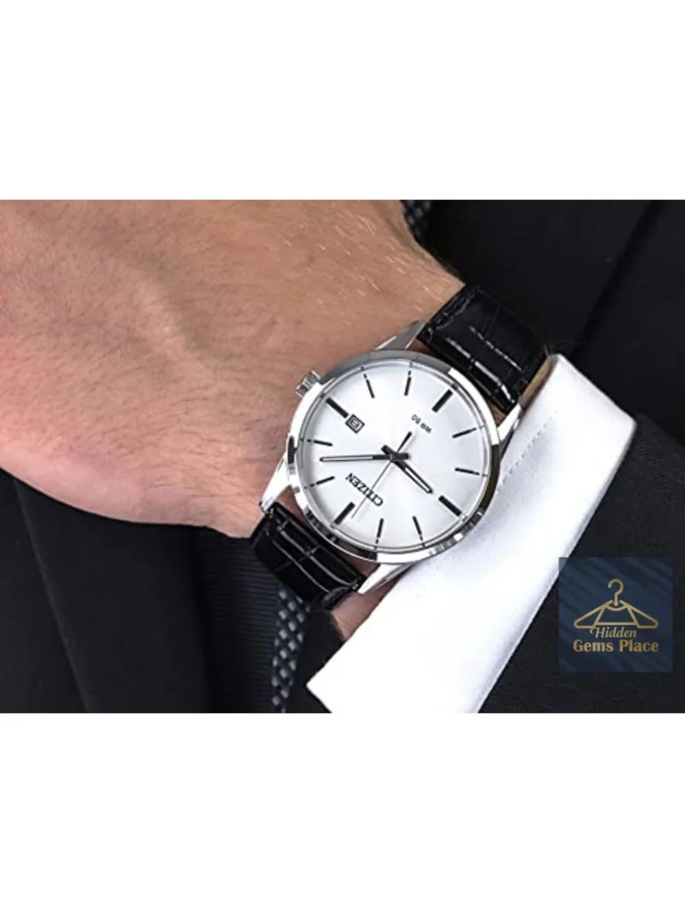 Men's Stainless Steel Quartz Watch with Croco-Embossed Leather Strap, 39mm